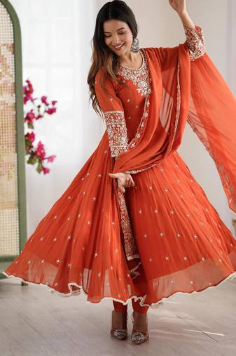 Orange faux georgette embroidered flared gown set