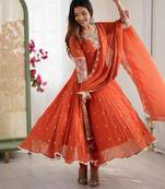 Orange faux georgette embroidered flared gown set