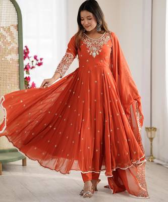 Orange faux georgette embroidered flared gown set 2