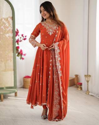 Orange faux georgette embroidered flared gown set 3
