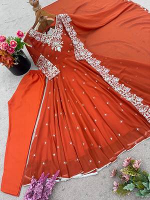 Orange faux georgette embroidered flared gown set 4