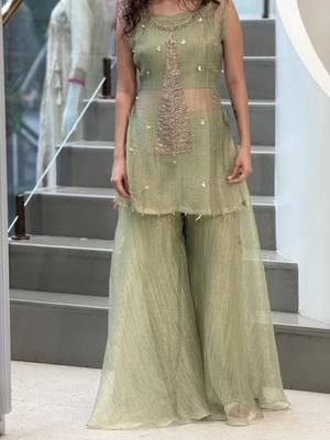 Olive silk blend embroidered palazzo set 1