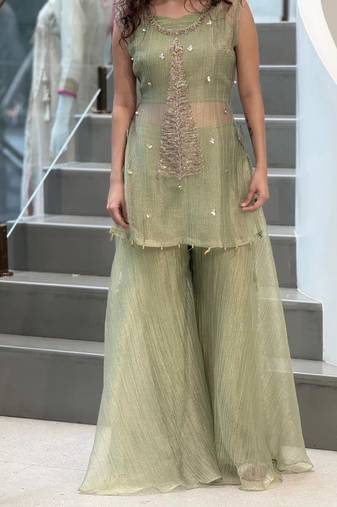 Olive silk blend embroidered palazzo set