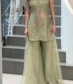 Olive silk blend embroidered palazzo set
