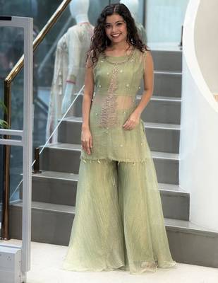 Olive silk blend embroidered palazzo set 2