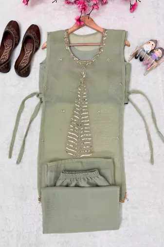 Olive silk blend embroidered palazzo set