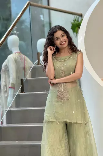 Olive silk blend embroidered palazzo set