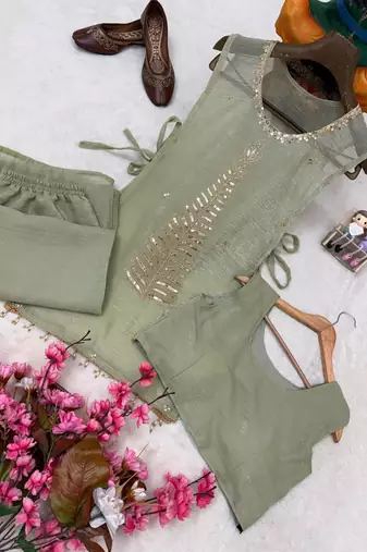 Olive silk blend embroidered palazzo set