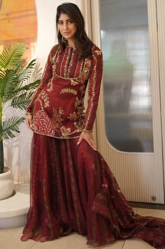 Maroon organza embroidered sharara set