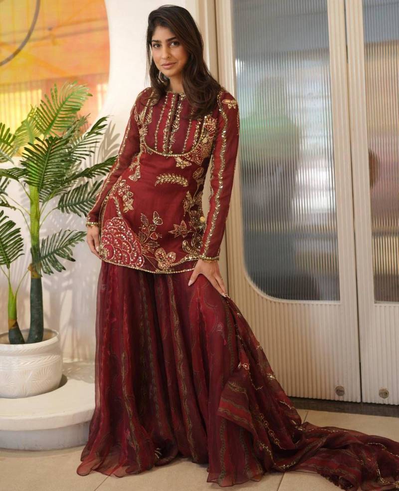 Maroon organza embroidered sharara set