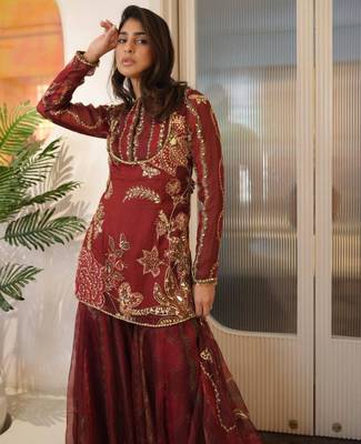 Maroon organza embroidered sharara set 2