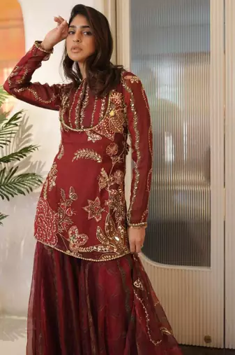 Maroon organza embroidered sharara set