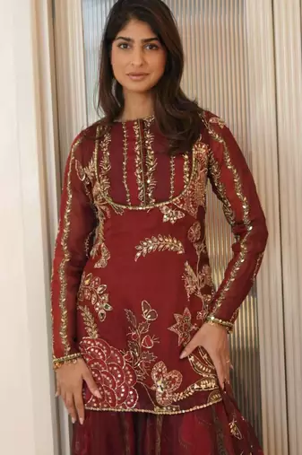 Maroon organza embroidered sharara set
