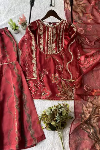 Maroon organza embroidered sharara set