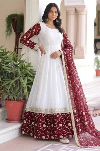 White silk blend embroidered flared gown set