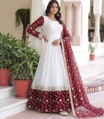 White silk blend embroidered flared gown set