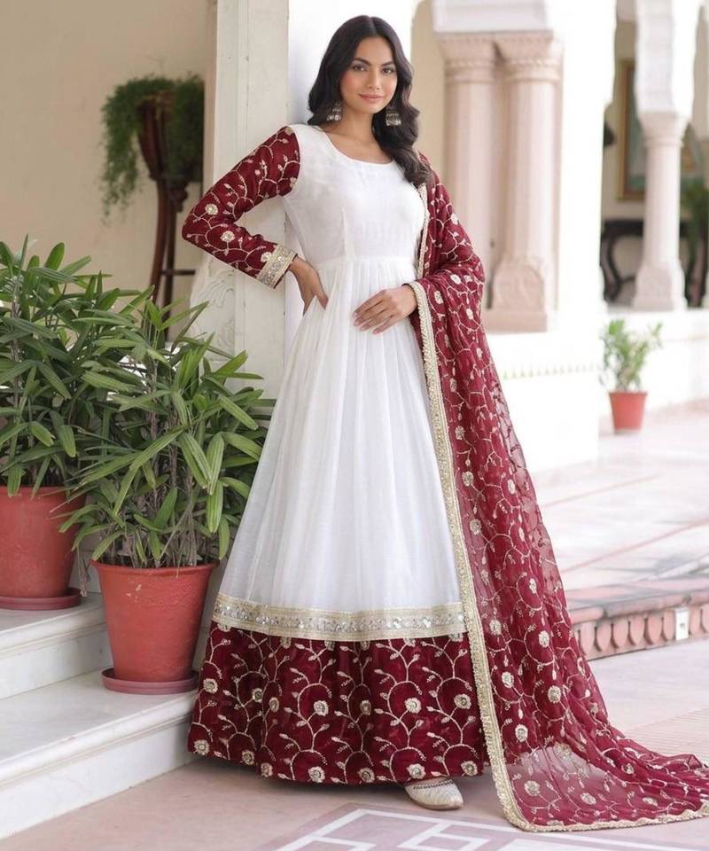 White silk blend embroidered flared gown set