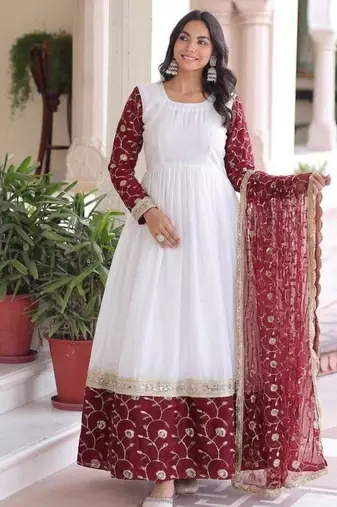 White silk blend embroidered flared gown set