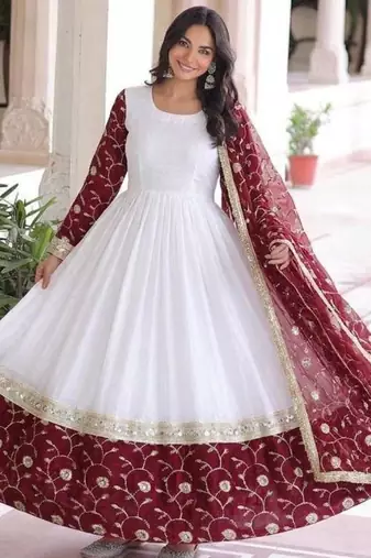 White silk blend embroidered flared gown set