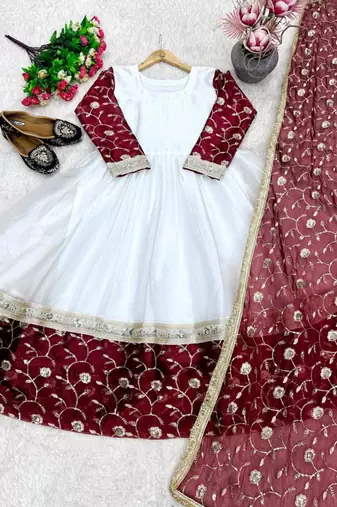 White silk blend embroidered flared gown set