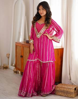 Dark-magenta silk blend embroidered sharara set 1