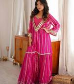 Dark-magenta silk blend embroidered sharara set