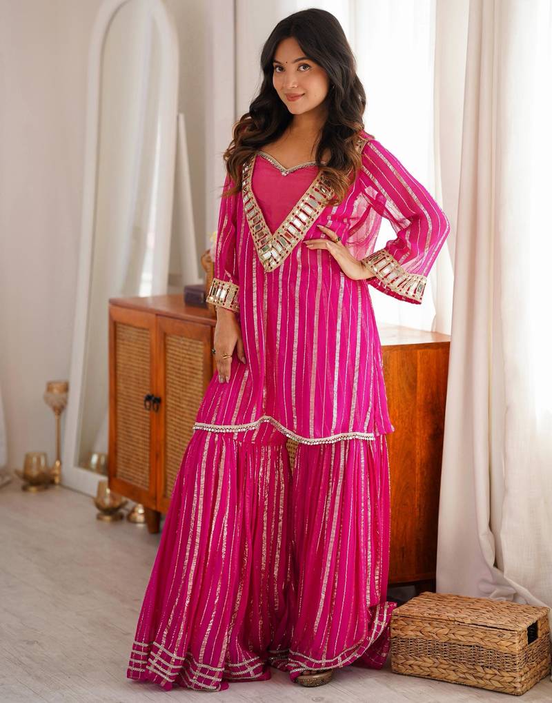 Dark-magenta silk blend embroidered sharara set
