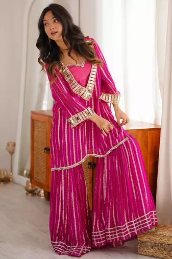 Dark-magenta silk blend embroidered sharara set