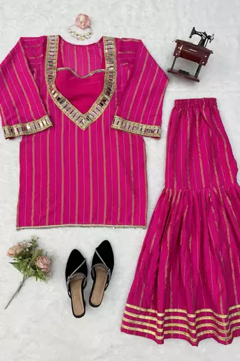 Dark-magenta silk blend embroidered sharara set