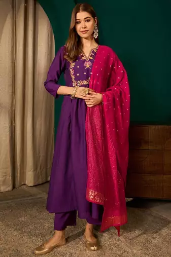 Dark-purple silk blend embroidered kurta set