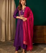 Dark-purple silk blend embroidered kurta set