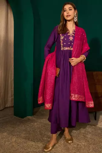Dark-purple silk blend embroidered kurta set