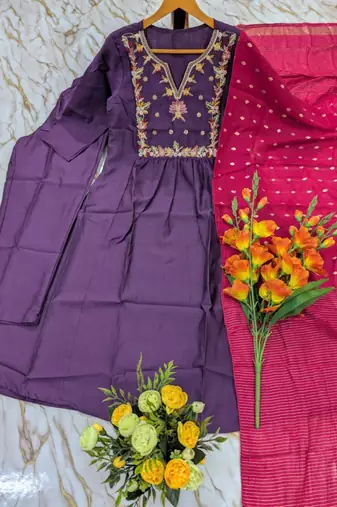 Dark-purple silk blend embroidered kurta set