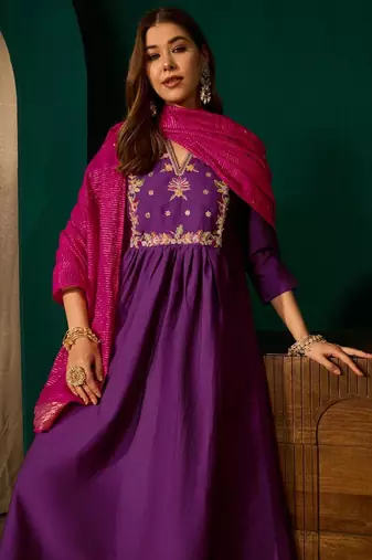 Dark-purple silk blend embroidered kurta set