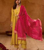Yellow silk blend embroidered kurta set