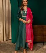 Green silk blend embroidered kurta set