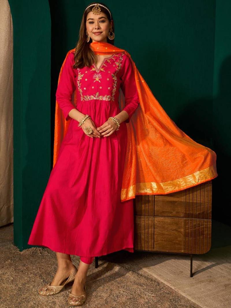 Rani-pink silk blend embroidered kurta set