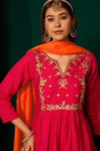 Rani-pink silk blend embroidered kurta set