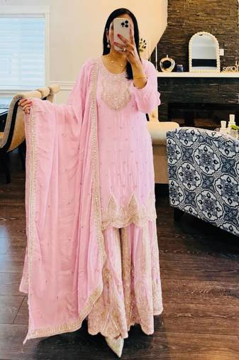 Baby-pink faux georgette embroidered sharara set