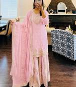 Baby-pink faux georgette embroidered sharara set