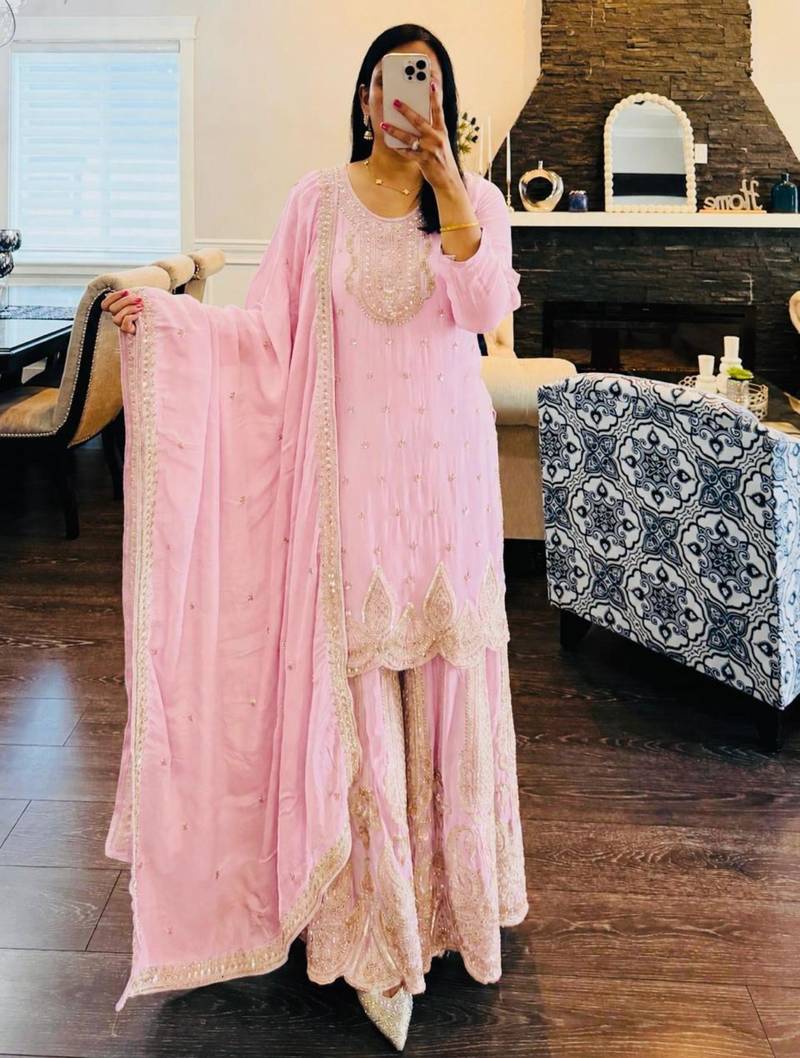 Baby-pink faux georgette embroidered sharara set