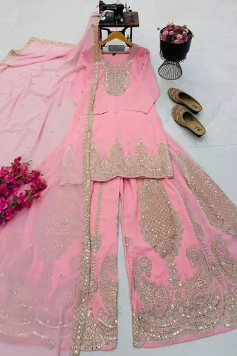 Baby-pink faux georgette embroidered sharara set