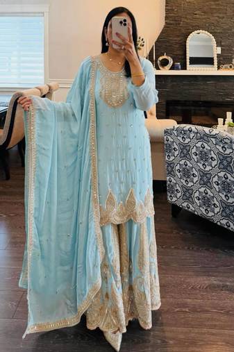 Light-blue faux georgette embroidered sharara set