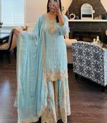Light-blue faux georgette embroidered sharara set
