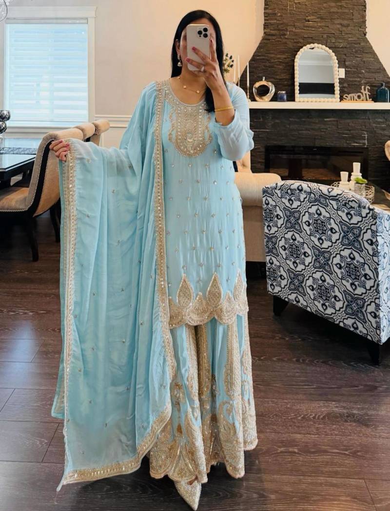 Light-blue faux georgette embroidered sharara set