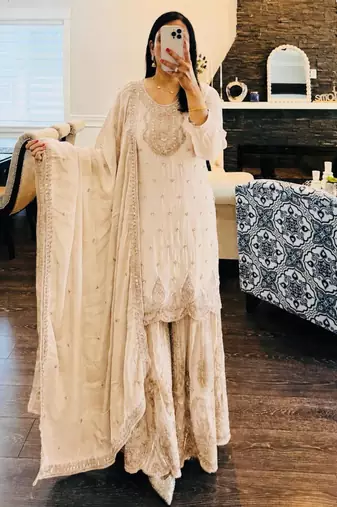 Cream georgette embroidered sharara set