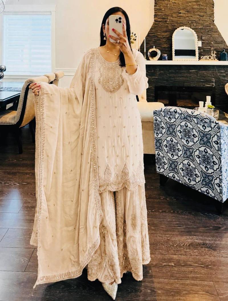 Beige georgette embroidered sharara set