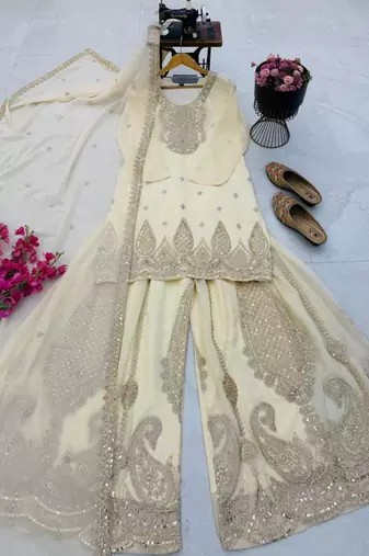 Cream georgette embroidered sharara set