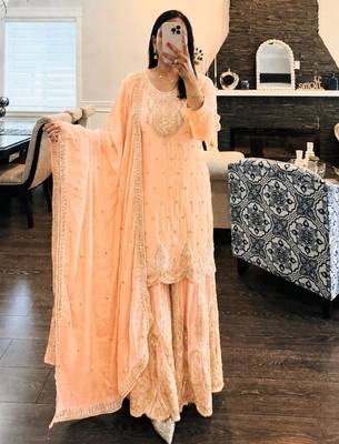 Peach faux georgette embroidered sharara set 1