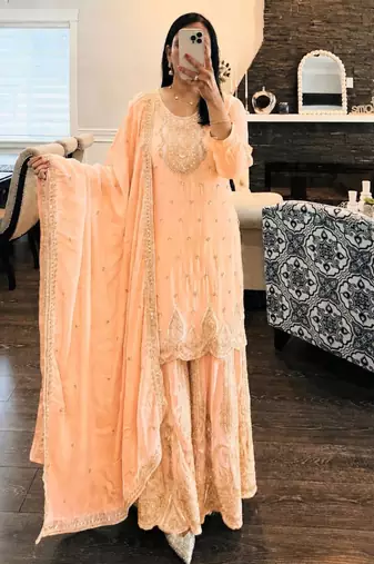 Peach faux georgette embroidered sharara set